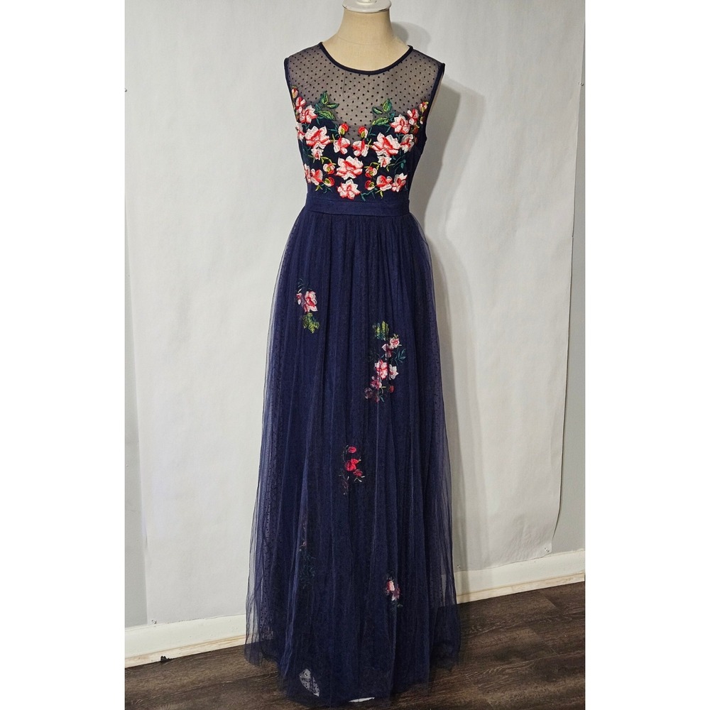 Maniju Women's Navy Blue Floral Embroidered Sleeveless Mesh Maxi Dress